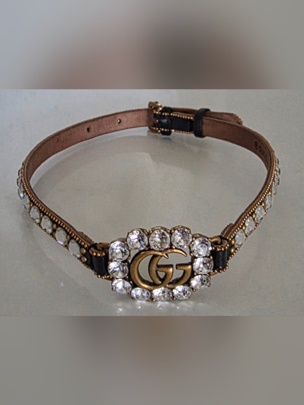 Gucci Black Leather Crystal-Studded Bracelet with Gold Double G - Picture 5 of 8